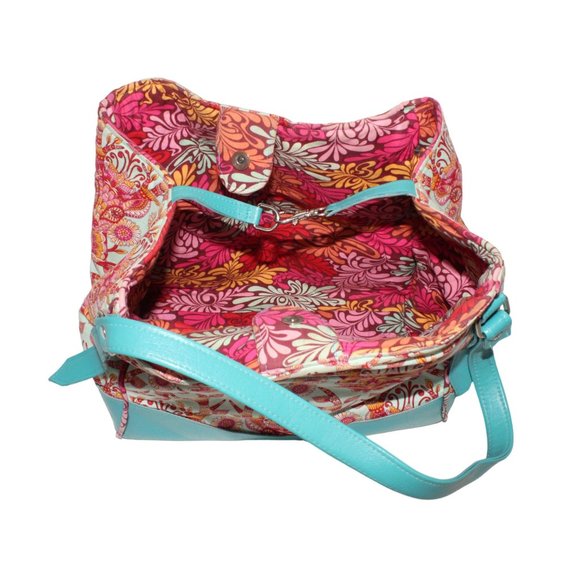 Karried Astray Teal Green Faux Leather Floral Fabric Satchel Shoulder Purse - Picture 9 of 14